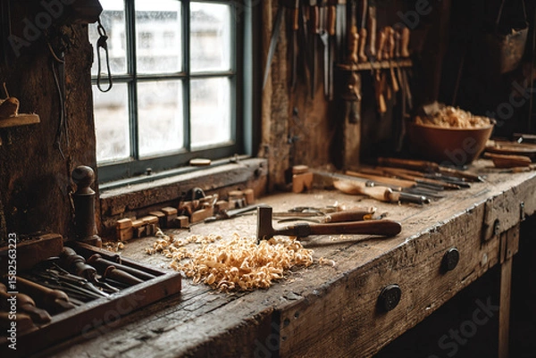 Fototapeta Side view of old craftsman’s workbench with leather tools, clamps, and wood shavings, natural daylight from window