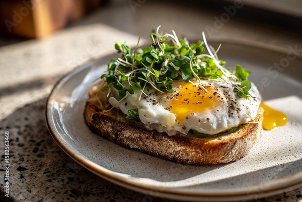 Fototapeta Side-view of ceramic plate with poached egg, toasted sourdough, and microgreens on a stone kitchen counter