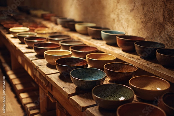 Fototapeta Softly lit pottery studio with rows of handmade ceramic bowls drying on wooden planks, earthy tones