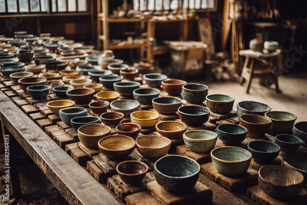 Fototapeta Softly lit pottery studio with rows of handmade ceramic bowls drying on wooden planks, earthy tones