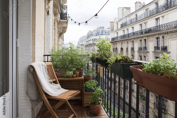 Fototapeta Tight view of a narrow city balcony with herb pots, folded blanket on chair, and string lights above, early morning