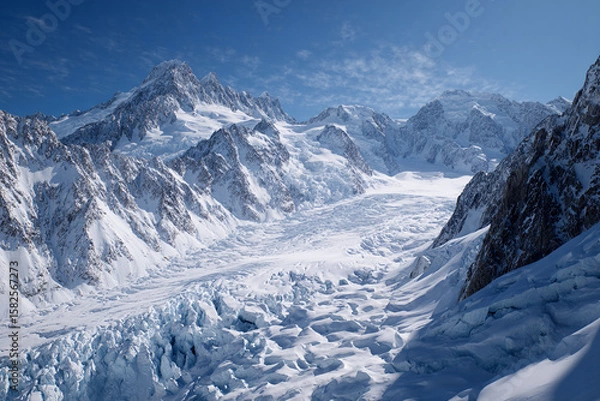 Fototapeta Wide shot of glacial surface with deep crevasses and distant snow-covered peaks, bright light