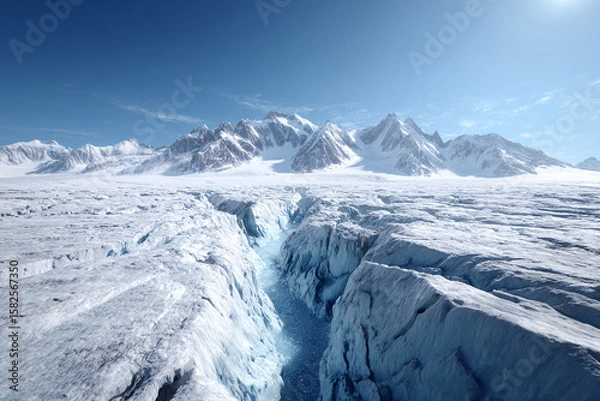 Fototapeta Wide shot of glacial surface with deep crevasses and distant snow-covered peaks, bright light