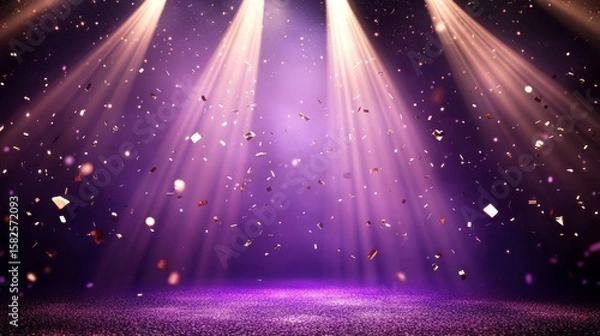 Fototapeta premium award ceremony stage lighting, intersecting bright spotlight rays, deep purple atmospheric fade to soft pink, descending metallic gold confetti pieces, floating illuminated dust creating