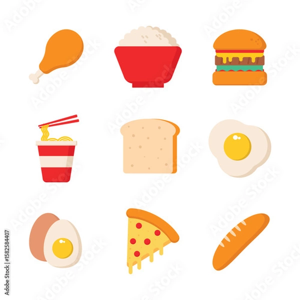 Fototapeta Fast Food and Breakfast Icons – Flat Vector Set of Chicken, Rice Bowl, Burger, Pizza, Noodles, Egg, Bread, Toast, and Bakery Elements for Food Design and Menu Illustration
