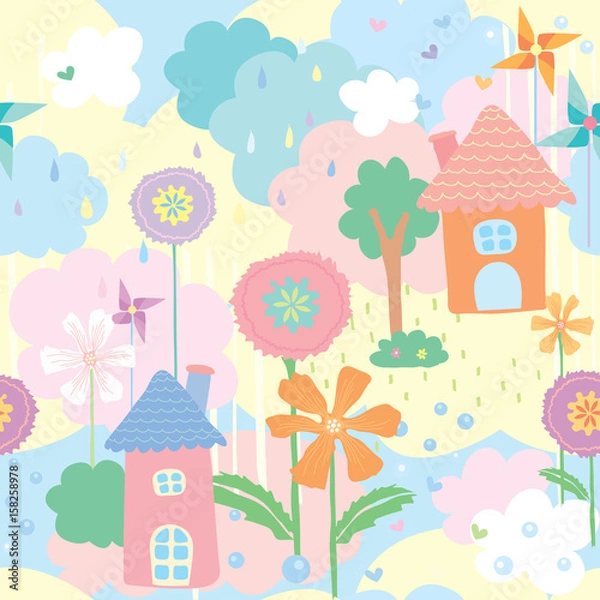 Fototapeta Seamless pattern wallpaper of house, flower and tree decorated with pinwheel on natural background in pastel colors.