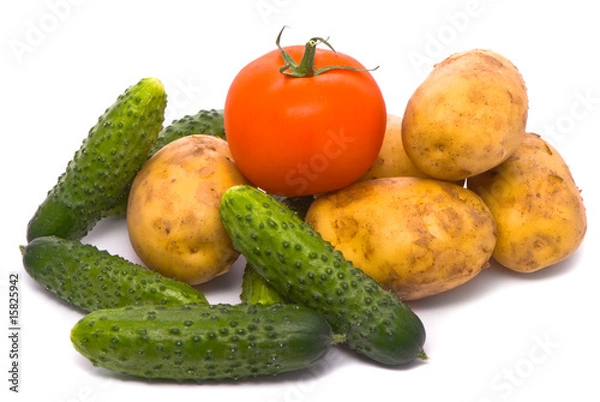 Fototapeta Fresh tomato, cucumbers and potatoes on studio white