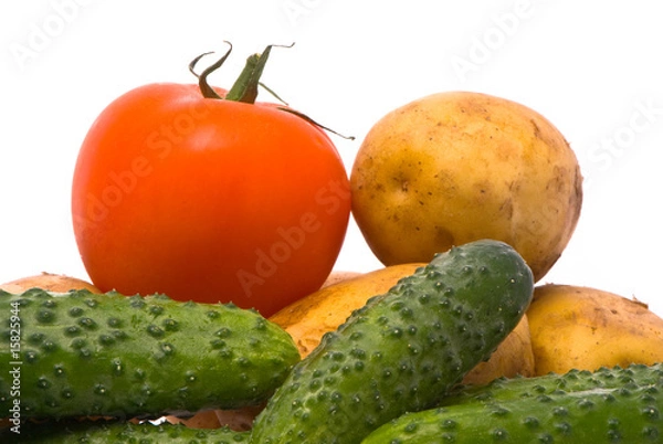 Fototapeta Fresh tomato, cucumbers and potatoes on studio white