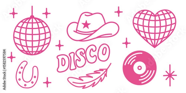 Fototapeta Disco ball with cowboy and cowgirl hats in western style, illuminated by shiny lights, for a retro party or country music festival, or a wild west themed event.
