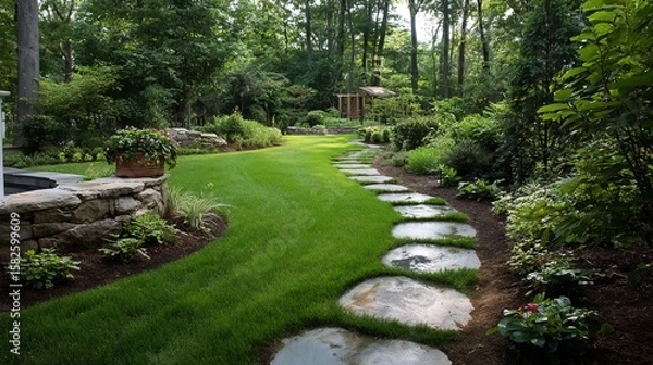 Fototapeta A serene garden pathway with stone stepping stones leading through vibrant greenery and blooming flowers.