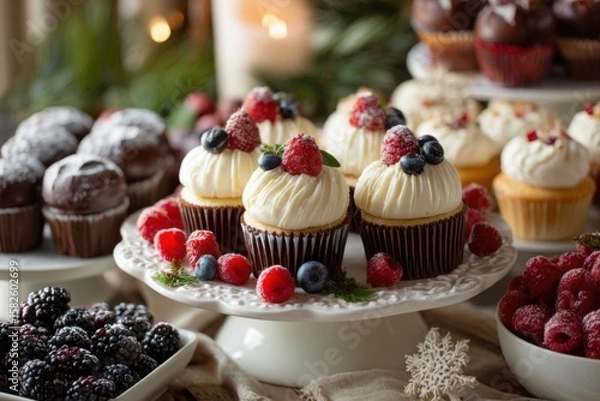 Fototapeta Assorted Cupcakes with Berries and Chocolate Treats on Table