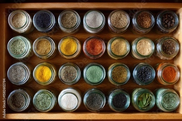 Fototapeta Assorted Spices and Herbs in Glass Jars on Wooden Shelf Display