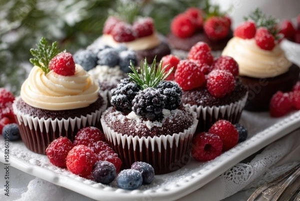 Fototapeta Delicious Assorted Chocolate Cupcakes with Berries and Cream