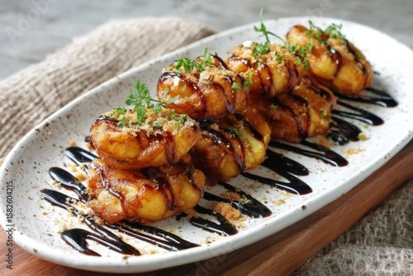 Fototapeta Delicious Grilled Shrimp with Sauce and Garnish on Rustic Plate