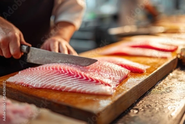 Fototapeta Fresh Fish Slicing with Chef Using Knife on Wooden Cutting Board