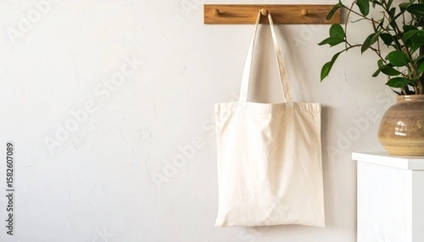 Obraz Tote Bag Mockup Hanging on Wall Hook in Natural Light for Eco Branding Display