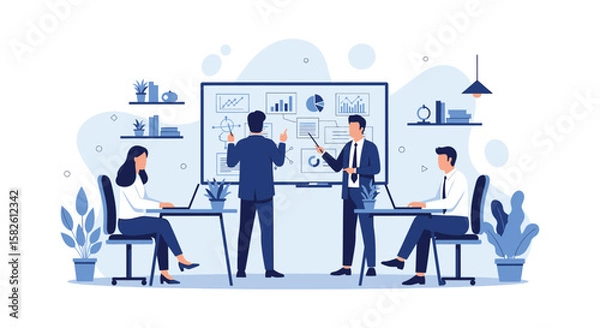 Obraz Business team collaborating on project strategy, presenting data visualizations on whiteboard.