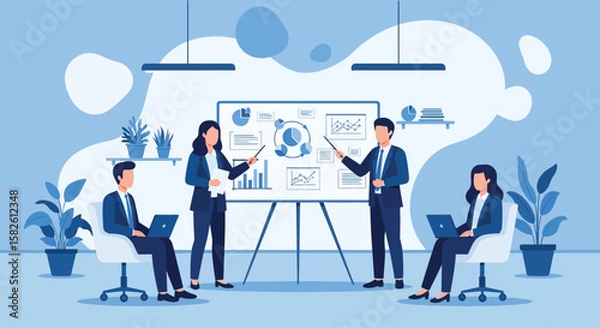 Obraz A business team presenting data analysis results during a meeting, using charts and graphs.