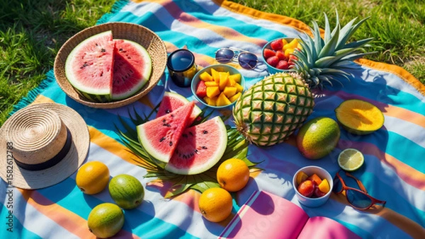Fototapeta Tropical picnic setup with fruits and drinks  surrounded by lush greenery and sunlight.