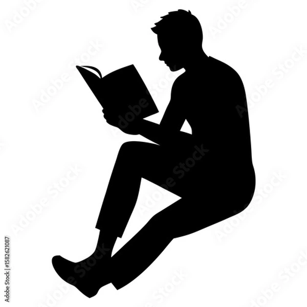 Obraz Man sitting and reading a book silhouette vector illustration