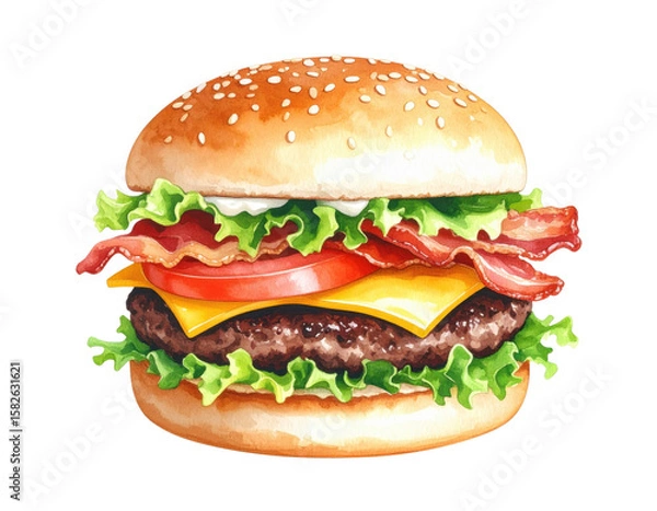 Fototapeta Watercolor hamburger with beef patty, cheese, bacon, lettuce and tomato on transparent background