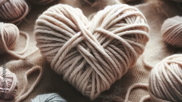 Fototapeta Yarn heart shaped in soft colors on a natural fabric background - Concept of HEAVILY CRAFTED  