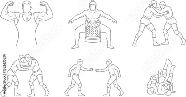 Fototapeta Diverse wrestling styles showcased in detailed outline vector art, featuring wrestling, sumo, and combat sports action, perfect for graphics.
