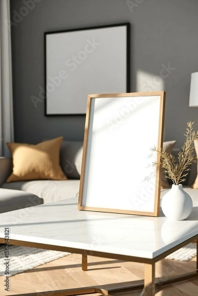 Fototapeta Modern living room with blank picture frame and cozy sofa