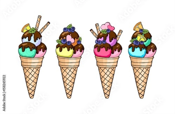 Fototapeta Set of vector doodle ice cream in a waffle horn with orange, chocolate and mint. Hand drawn illustration.