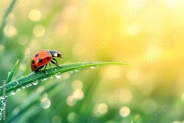 Fototapeta Ladybug on Green Leaf with Dew Drops in Soft Natural Light Background