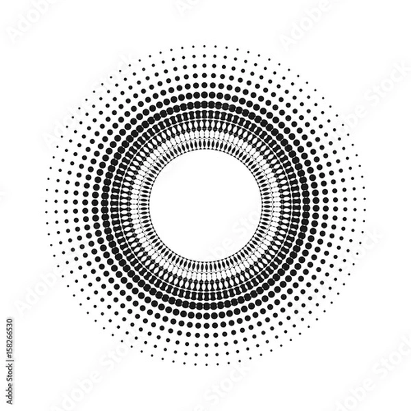 Fototapeta Circle with dots for Design Project. Halftone effect vector illustration. Gray dots on white background. Black and white Sunburst background. Round frame design template.