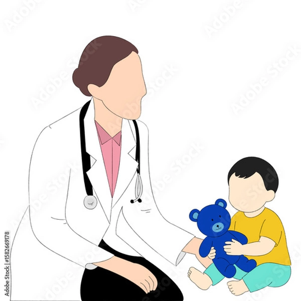 Fototapeta Doctor with Baby. Doctor checkup the Baby. Flat vector of a female pediatrician examining a smiling toddler holding a teddy bear during a friendly medical checkup session.