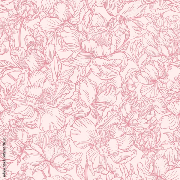 Fototapeta Seamless floral pattern featuring delicate pink peony blossoms with intricate outlines. Romantic and elegant design. Vintage or feminine aesthetics. Pink abstract background with botanical elements