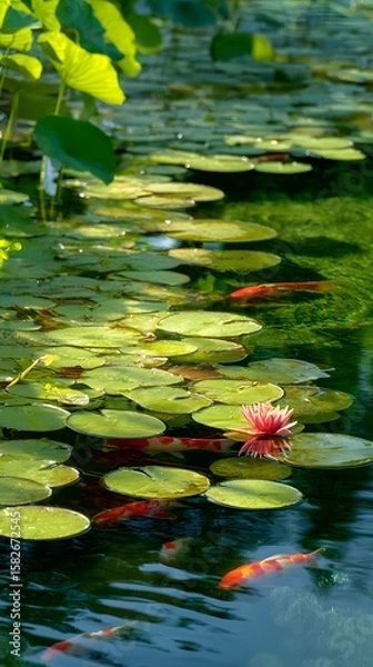 Fototapeta Blooming Pink Water Lily with Koi Fish Beneath Lily Pads in Tranquil Garden Pond Surrounded by Lush Greenery and Reflected Sunlight