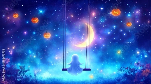 Fototapeta A little ghost on a swing looks at the crescent moon and jack o lanterns flying in deep blue starry sky. Halloween dreamlike illustration. Samhain