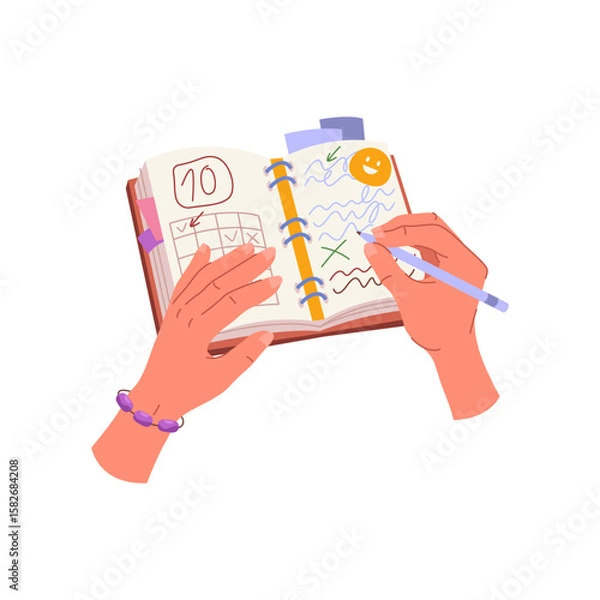 Obraz Vector calendar with plan or handwritten list. Cartoon symbol for schedule or timetable, checklist or todo record. Reminder or logbook, notes or planner. Writing, planning, preparation timeline page.
