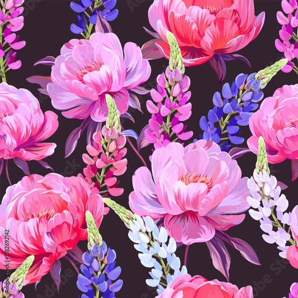 Fototapeta Pattern with peonies and lupine flowers. Vector floral pattern with summer flowers and peonies. For paper, fabric, packaging and interior design.
