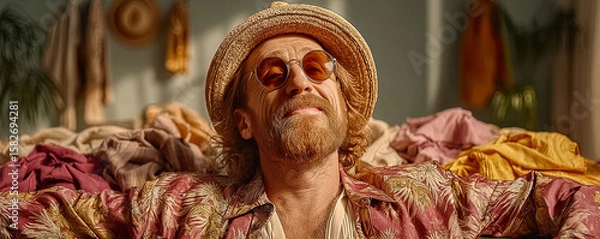 Fototapeta Bohemian-style man wearing a straw hat and sunglasses smiling among suitcases and piles of clothes in a room Generated with AI