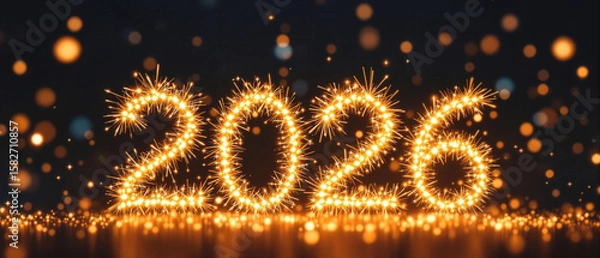 Obraz New year 2026 banner with glowing number and sparkles with copy space