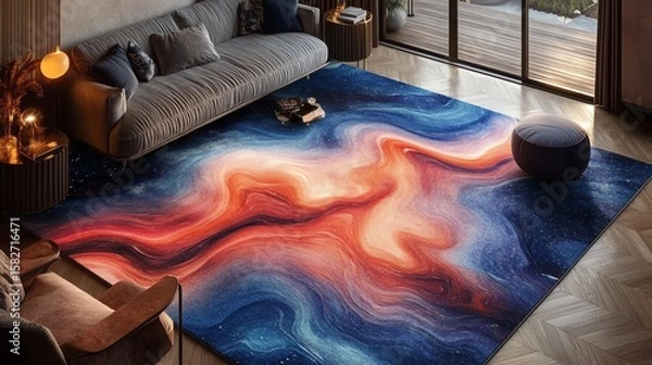 Fototapeta Vivid Abstract Galaxy Style Area Rug in Modern Living Room with Sofa and Large Window