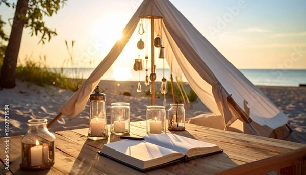 Obraz Beach tent setup with wind chimes, aromatherapy candles in glass holders, journal and pen on wooden table, peaceful sunrise atmosphere