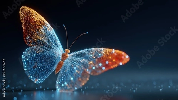 Fototapeta A digital butterfly made of glowing blue and orange network lines and dots on a dark background