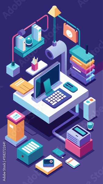 Obraz A vibrant and colorful drawing of a desk with various items such as a computer, a book, a calculator, and a clock. The desk is surrounded by a blue background, giving the scene a lively