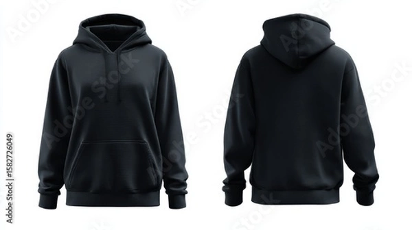 Fototapeta A plain black hoodie is displayed from the front and back on a white background, highlighting its casual and versatile design