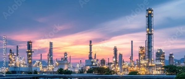 Fototapeta Industrial refinery complex illuminated at dusk with a vibrant sunset sky in the background