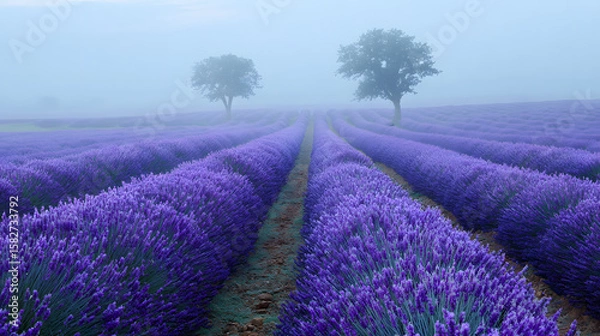 Obraz misty morning in a lavender field with rows of purple flowers stretching to the horizon under a pale blue sky in a soft fragrant and serene landscape