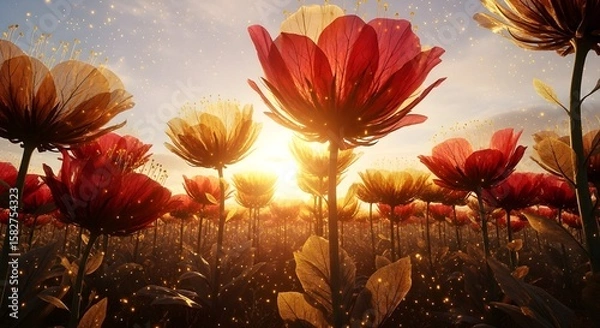 Obraz Magical field of red-orange flowers under glowing pastel sky at sunrise, with sparkling light particles, soft golden sunlight, and dreamy, ethereal ambiance in nature