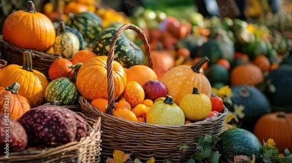 Fototapeta A vibrant autumn scene showcasing a variety of pumpkins and gourds in a rustic basket, embodying the essence of harvest season with rich colors and textures.