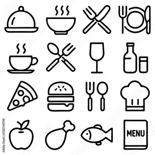 Fototapeta Minimal Line Food & Dining Icons Set - Vector Style