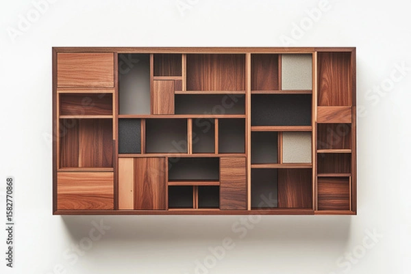 Obraz Beautiful wooden shelf with varied compartments creates storage and display space for organized living in a modern home.